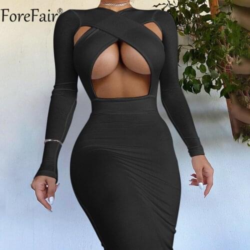 Forefair 2021 Hollow Out Sexy Bodycon Dress White V Neck Long Sleeve Autumn Fashion Club Women Party Midi Dresses Black