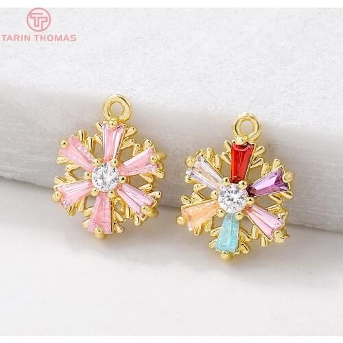 4PCS 10x13MM Hole 1MM 24K Gold Color Brass with Zircon Flower Charm Pendants for DIY Jewelry Making Findings Accessories