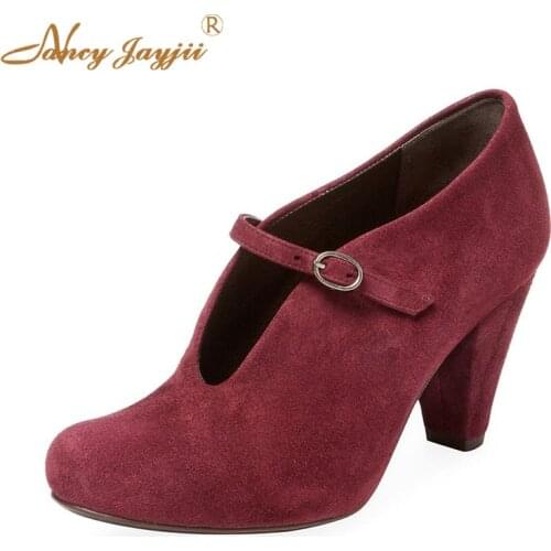 Mary Janes Woman Shoes Adult Ladies Pumps Sweet High Square heels Buckle Round Toe Fashion Mature Leisure Elegant Novelty 2019