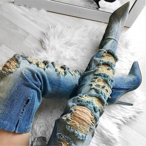 Newest Fashion Casual Women High Boots Denim Material with holes Unique personality thin heels high heels pointed toe boots