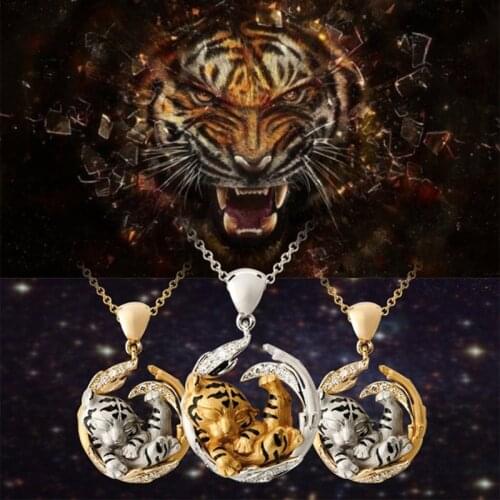 1 PC Tiger Series Necklace For Women Men Jewelry Gold Color Animal & Silver Color Link Chain Tiger Animal Clear Rhinestone