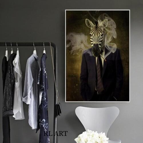 Modern Animal Portrait Posters and Prints Wall Canvas Art Mr Zebra Smoking in a Suit Picture for Living Room Cuadros Home Decor