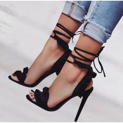 Ladies Sandals Black White Lace-up Slingback Ruffles High Heels Shoes Ankle Strap Party Ladies Pumps Gladiator Heels Shoes