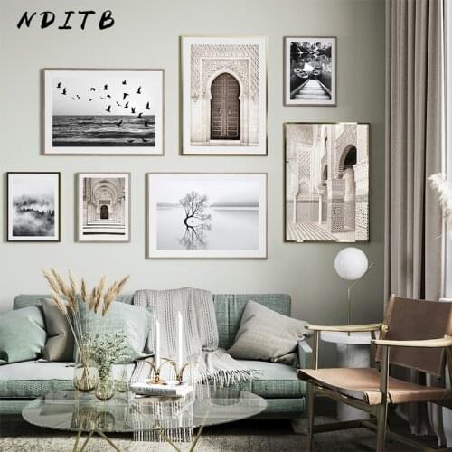 Scandinavian Style Black White Landscape Canvas Painting Islamic Poster Art Print Beige Moroccan Door Wall Picture Home Decor