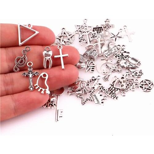 Mixed 50pcs Tibetan Silver Random Cross Animal Charms Star Moon Pendant For Bracelet Necklaces Jewelry Making