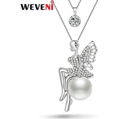 WEVENI Statement Crystal Fairy Angel With Simulated Pearl Necklace Pendant Double Chain Collar Fashion Jewelry For Women