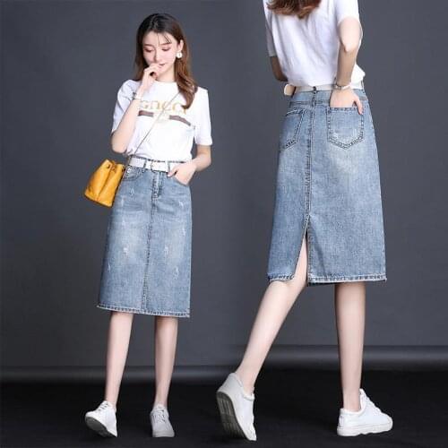 2021 New Spring Summer Vintage Womens Denim Skirt High Waist Jeans Skirt Straight Female A-line Pencil Back Split Skirt Y250