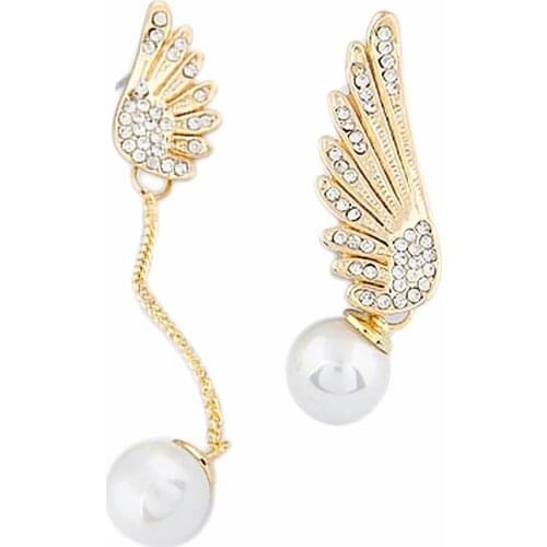 Asymmetric Rhinestone Inlaid Angel Wings Tassel Faux Pearl Women Stud Earrings 2019