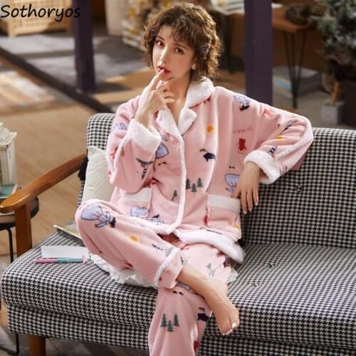 Pajama Sets Women Winter Warm Korean Style Printed Flannel Turn-Down Collar Long Trousers Home Pajamas Womens Leisure Simple New