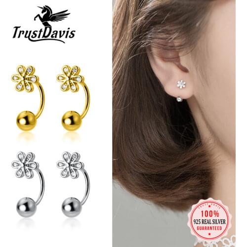 Trustdavis Real 925 Sterling Silver Fashion Charm Flower CZ Screw Stud Earrings For Women Wedding Party Fine S925 Jewelry DA1799