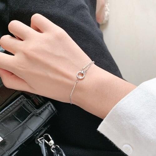925 Sterling Silver Double Layer Shiny Full Cubic Zircon Round Circle Bracelet Adjustable Bracelet Pulseiras For Women S-B327