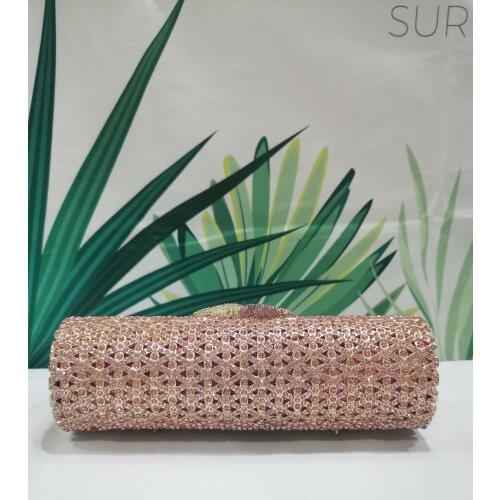 Pink Gold Color Cylinder Shape Bridal Diamond Purse Crystal Wedding Party Handbag Women Rhinestone Clutches Banquet Ladies Bag