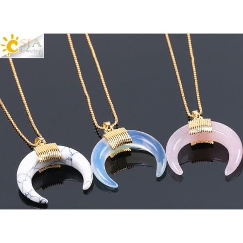 CSJA New Fashion Natural Stone Crescent Half Moon Necklace Pendant with Chain Gold Color Wire Wrapped for Women DIY Jewelry F063