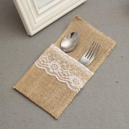 1pcs Natural Jute Lace Pockets Rustic Wedding Tableware Packaging Fork & Knife Burlap Holder Cutlery Pocket