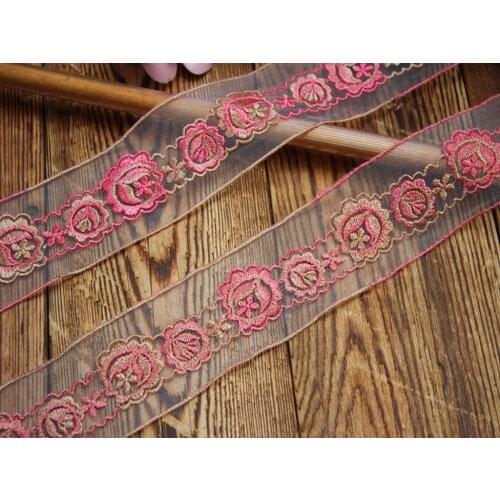 4cm wide -12yards/lot DIY Craft Accessories Dark Pink+Khaki Embroidered Tulle Lace Trim for Garment Decoration