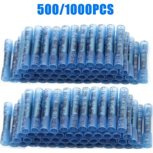 500/1000PCS Waterproof Insulated Electrical Wire Terminal Heat Shrink Butt Crimp Terminals Seal Wire Connectors 16-14 AWG Blue