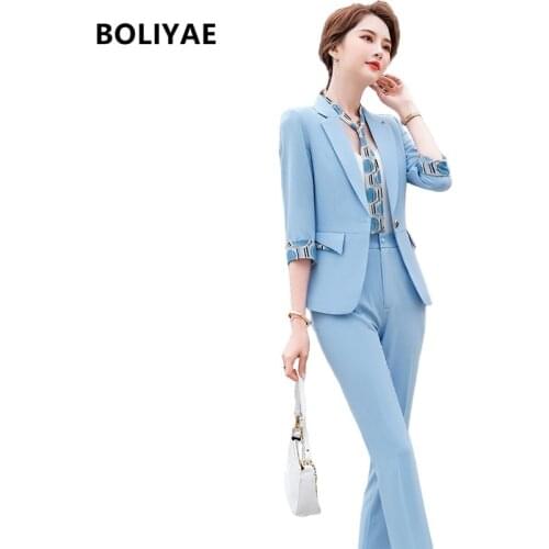 Boliyae Summer New Fashion Temperament Slim Suits Women Business Formal Half Sleeve Blazer And Pants Office Ladies Work Wear
