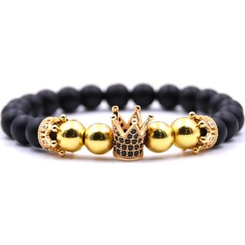 8mm Trendy natural beads strand bracelet Micro pave zircon black lava rock stone energy men crown bracelets jewelry