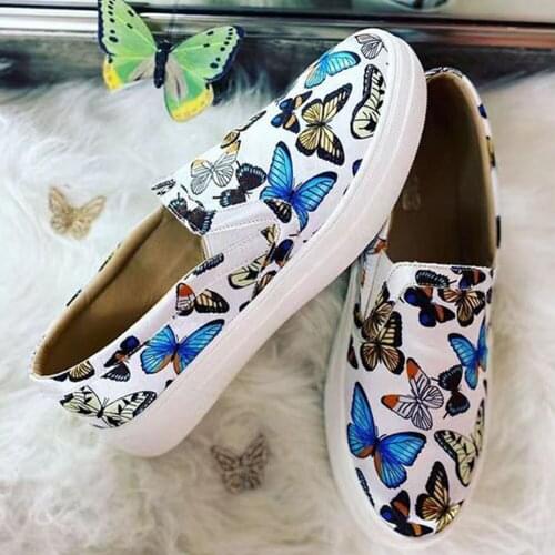 Brand New Female Fashion Trendy Shallow Vulcanized Butterfly Thick Bottom Slip On womens Flats Print Soft Casual Shoes Woman