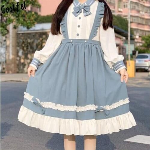 COOLFEL Japanese Harajuku Patchwork Bow Ruffles Strap Dress Preppy Style Bow Tie Long Sleeve Cosplay Party Dresses