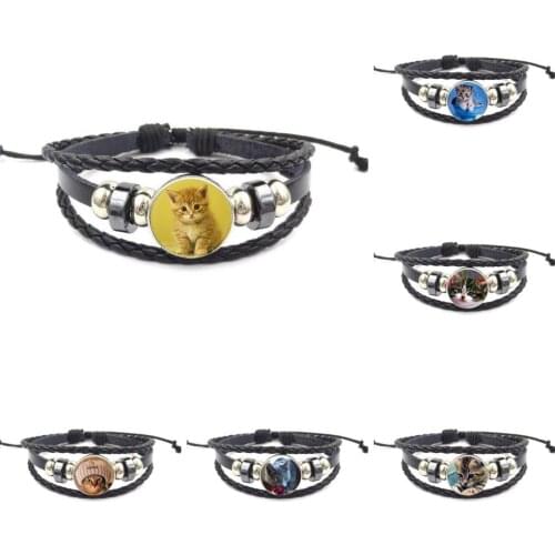 EJ Glaze Cute Kitten Cat For Women Party Christmas Jewelry Glass Cabochon Black Leather Bracelet Bangle