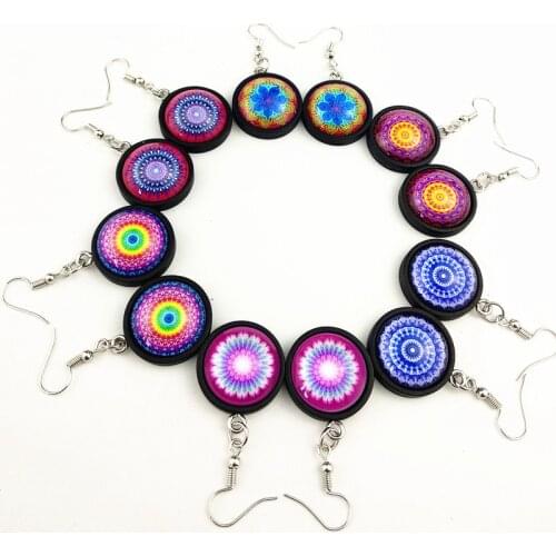 Jiangzimei 24pairs 2020 New design Mandala Indian Buddhism Retro Bohemia black wood Glass earrings;dangler women party gift