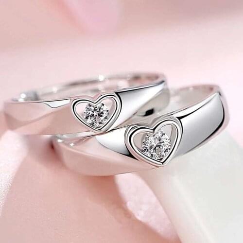 2pcs/Set Adjustable Heart-Shaped 30% Silver Plated Cubic Crystal Lovers Ring Men Women Couple Wedding Jewelry Dropshipping