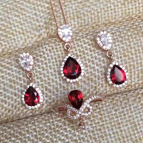 Natural Garnet Ring Earrings Pendant Necklace Set S925 Fine Fashion Luxury Jewelry Wedding And Party Women Free Shipping