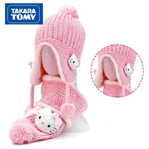 TAKARA TOMY Fashion Cartoon Hello Kitty Hat Scarf Set Simple Winter Earmuff Head Warm Knitted Hat Childrens Bib