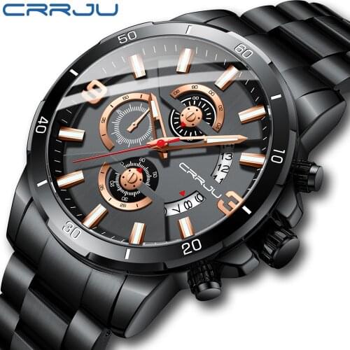 Mens Watch CRRJU Men‘s Luxury Business Stainless Steel Band Watches Chronograp Waterproof Quartz Watch for Men Relogio Masculino
