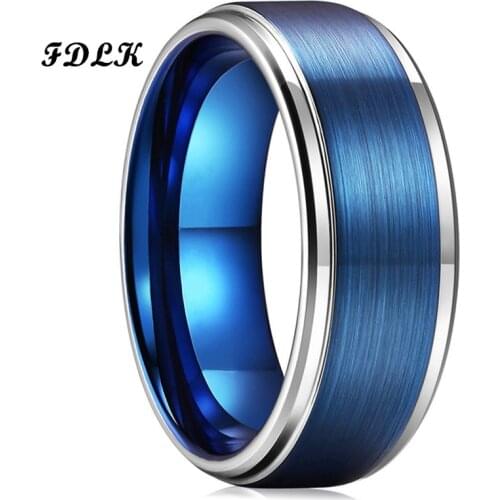 FDLK New Mens 8mm Blue Stainless Steel Ring Silver Color Periphery Wedding Band Engagement Ring Mens Jewelry Size 6-13