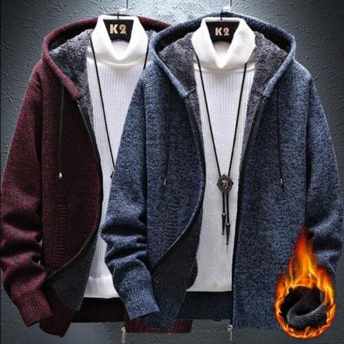New Winter Men Hooded Cardigans Casual Long Sleeve Thick Hoodies Outwear Warm Wool Liner Zipper Sweater Coats Manteau Pull Homme