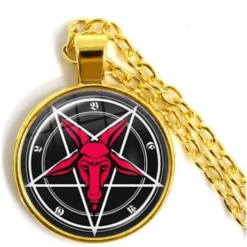 Golden-plated Pentagram Necklaces Red Goat 25mm Glass Cabochon Pendant Jewelry For Women Satanism Gothic Collier Femme Gift