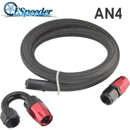 ESPEEDER AN4 4-AN 1M Straight 180 Degree Swivel Fitting Oil Line Hose End Stainless Braided Nylon Black Fuel Tubing Pipe Kit