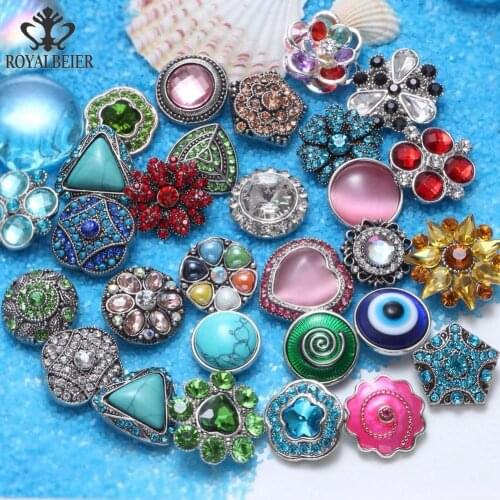 RoyalBeier 50pcs/lot Mixed Top Rhinestone Metal Button Charms 18mm Snap Button For 20mm Snap Bracelet Snap Jewelry KZHM075