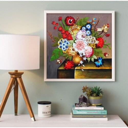 DIY Embroidery Craft 3D Flowers Vase Painting Ribbon Lace Art Handwork Needlework for Beginner Cross Stitch Kit Home Decor
