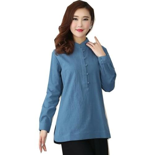 Shanghai Story Long Sleeve chinese Traditional Clothing Womens Chinese Top Blend Linen Blouse Chinese Qipao Shirt