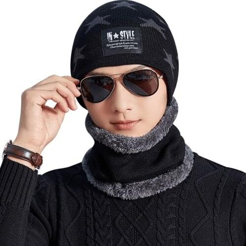 Skullies bonnet Neck warmer knitted hat scarf set fur Wool Lining Thick Warm Knit beanies balaclava Winter Hat For men Cap JMN01