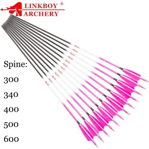 6/12PCS Linkboy Archery Carbon Arrows Pink Spine300-600 ID 6.2mm Turkey Feather Compound Traditional Bow Hunting Accessories