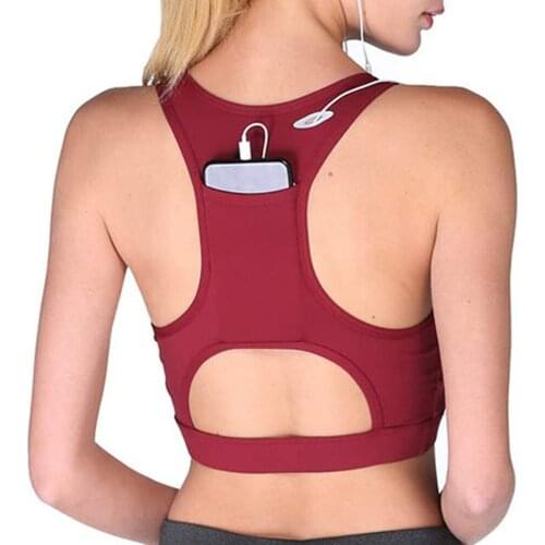 Fitness Crop Top Bra For Women Sports Running Fitness Shockproof Breathable Bras with Phone Pocket Seamless Sexy Bra