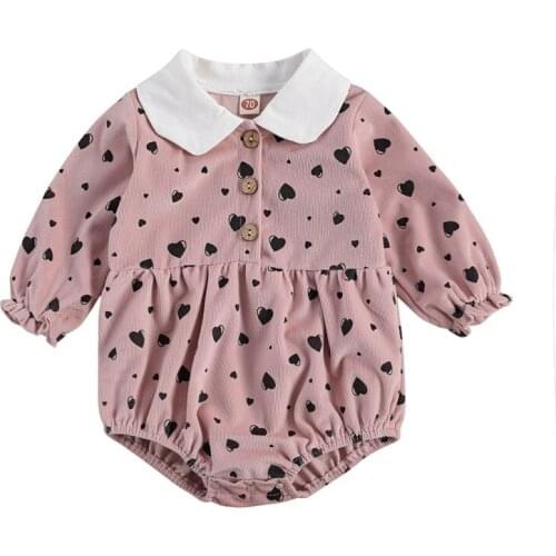 Toddler Baby Girl Peter pan Collar Printed Corduroy Romper Autumn Spring Heart Floral Pattern Long Sleeve Jumpsuits Outfits