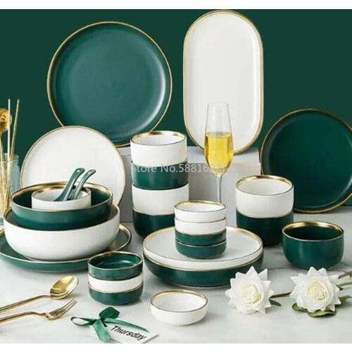 Green White Ceramic Gold Inlay Plate Steak Food Plate Nordic Style Tableware Bowl Ins Dinner Dish High End Porcelain Dinnerware