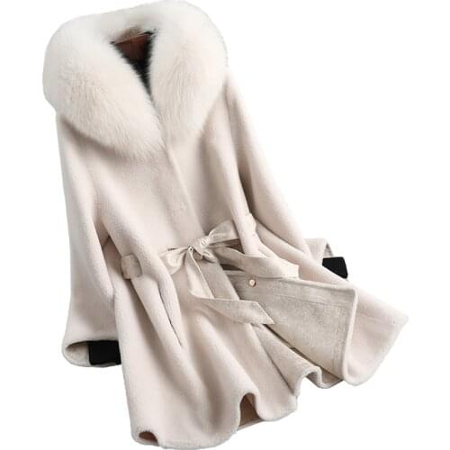 Female Jacket Real Fox Fur Collar 100% Sheep Shearling Jackets for Women Casacos Femininos Inverno KQN19026-5 LXR101
