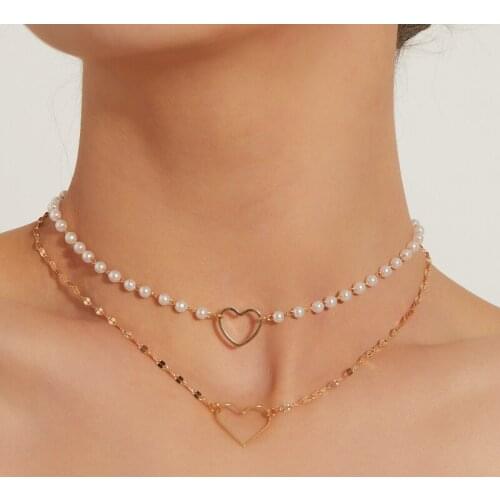 Simple White Pearl Bead Chain Choker Necklace for Women Multilayer Hollow Heart Pendant Necklace Fashion Clavicle Chain Jewelry