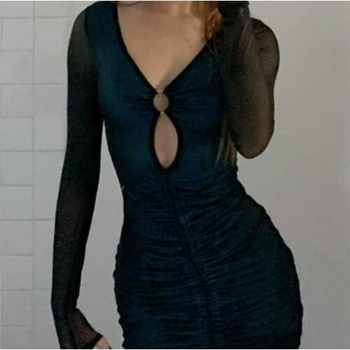 Women’s Casual Long Sleeve Skinny Dress Fashion Solid Color Ring Hollow Drawstring Short Dress