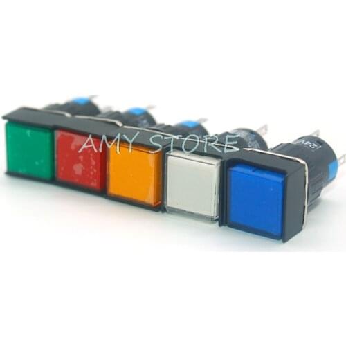 5pcs 16mm 5Pin Push Button Self-Lock Latching Switch Square LED Lamp Light DC 6V 12V 24V AC220V YELLOW WHITE GREEN WHITE BLUE