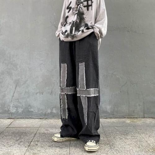 Goth Pants Women Wide Leg Jeans Men Dark Black High Street Fringed Cross Loose Wash Splicing Straight Baggy Jeans Punk Clothes