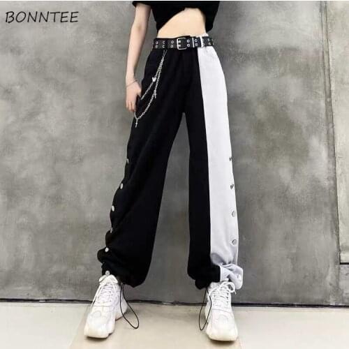 Pants Women Wide Leg Loose Summer Goth Female Streetwear Patchwork High Waist Long Trousers with Belt Chain Korean Style Dance