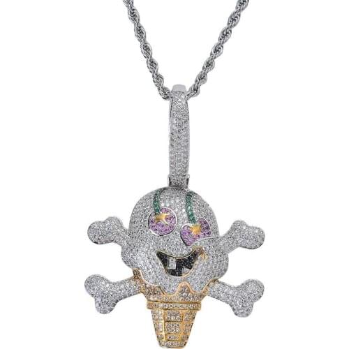 Corsair Skull Skeleton Pendant Necklace Iced Out Bling Cubic Zircon Hip Hop Gold Silver Color Men Charms Chain Jewelry