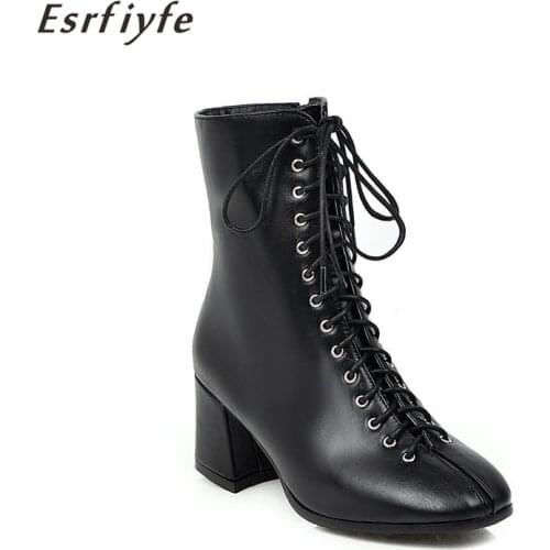 ESRFIYFE 2020 New Autumn Winter Fashion Ankle Boots Women Shoes PU Leather Short Boots Square Toe Thick Heels Black Shoes Women